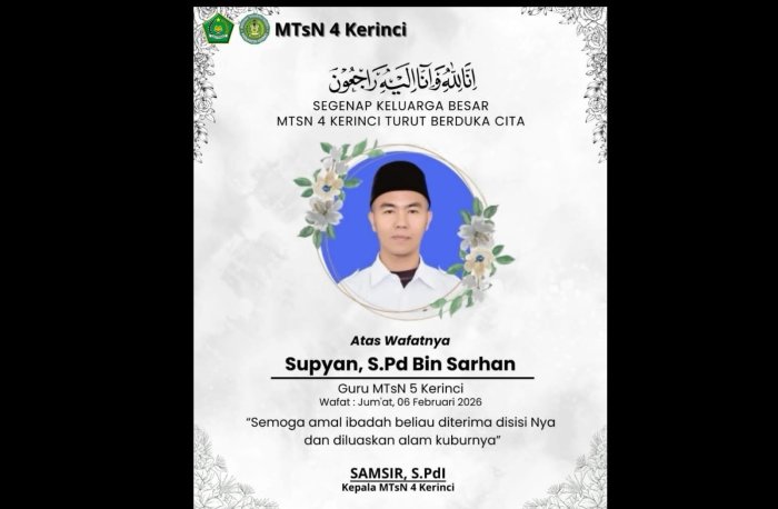 Keluarga Besar MTsN 4 Kerinci Turut Berbelasugkawa Atas Berpulangnya Bapak Supyan, S.Pd