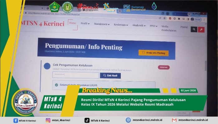 Resmi Dirilis! MTsN 4 Kerinci Pajang Pengumuman Kelulusan Kelas IX Tahun 2026 Melalui Website Resmi Madrasah
