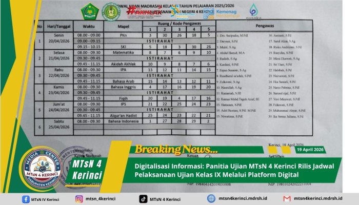 Digitalisasi Informasi: Panitia Ujian MTsN 4 Kerinci Rilis Jadwal Pelaksanaan Ujian Kelas IX Melalui Platform Digital Digitalisasi Informasi: Panitia Ujian MTsN 4 Kerinci Rilis Jadwal Pelaksanaan Ujian Kelas IX Melalui Platform Digital