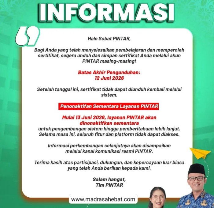 PENTING! Batas Akhir Unduh Sertifikat PINTAR Kemenag 12 Juni 2026, Layanan Segera Dinonaktifkan Sementara
