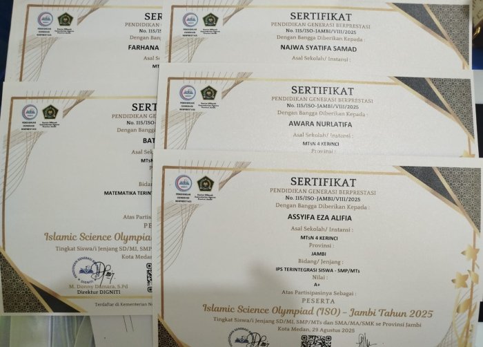 MTsN 4 Kerinci Serahkan Sertifikat Peserta Olimpiade ISO MTsN 4 Kerinci Serahkan Sertifikat Peserta Olimpiade ISO