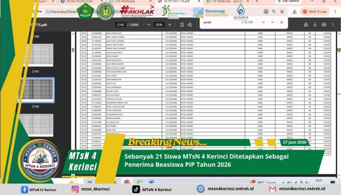 Sebanyak 21 Siswa MTsN 4 Kerinci Ditetapkan Sebagai Penerima Beasiswa PIP Tahun 2026 Sebanyak 21 Siswa MTsN 4 Kerinci Ditetapkan Sebagai Penerima Beasiswa PIP Tahun 2026