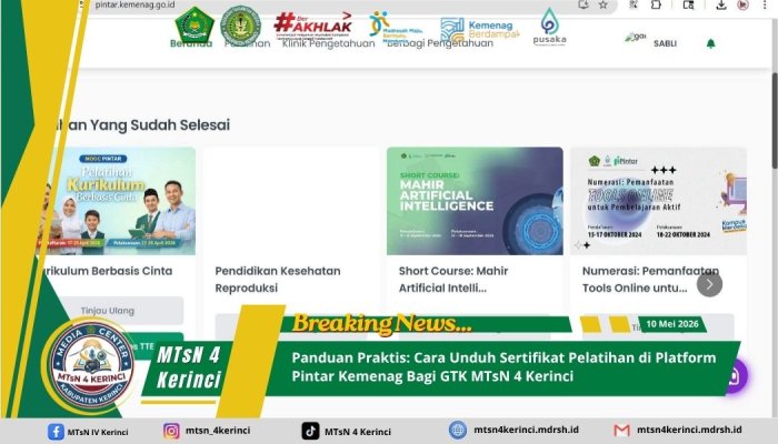 Panduan Praktis: Cara Unduh Sertifikat Pelatihan di Platform Pintar Kemenag Bagi GTK MTsN 4 Kerinci