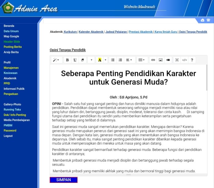 Tingkatkan Literasi Digital, Admin Website MTsN 4 Kerinci Rutin Update Karya Tulis Guru