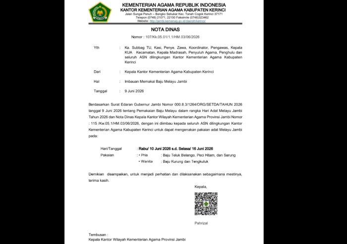 Lestarikan Budaya, Kakan Kemenag Kerinci Imbau Jajaran Pakai Baju Kurung Melayu Jambi