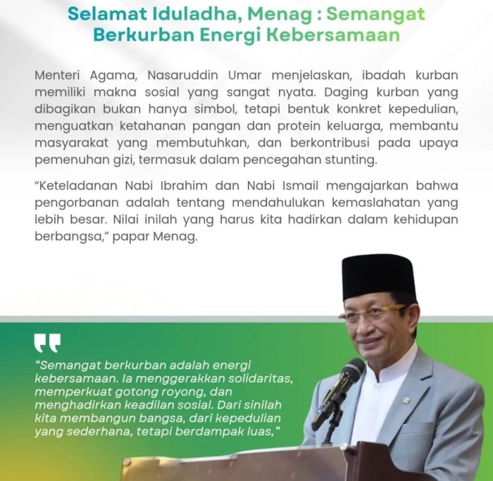 Sampaikan Pesan Kebangsaan, Menteri Agama Ucapkan Selamat Idul Adha 1447 H: Semangat Berkurban, Energi Kebersamaan