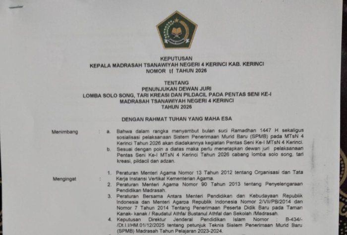 Resmi Dikukuhkan, Dewan Juri Siap Kawal Objektivitas Pentas Seni Ke-1 MTsN 4 Kerinci