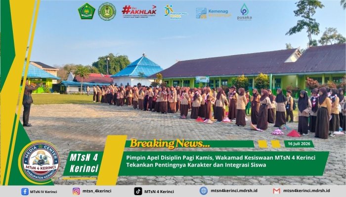 Pimpin Apel Disiplin Pagi Kamis, Wakamad Kesiswaan MTsN 4 Kerinci Tekankan Pentingnya Karakter dan Integrasi Siswa Pimpin Apel Disiplin Pagi Kamis, Wakamad Kesiswaan MTsN 4 Kerinci Tekankan Pentingnya Karakter dan Integrasi Siswa
