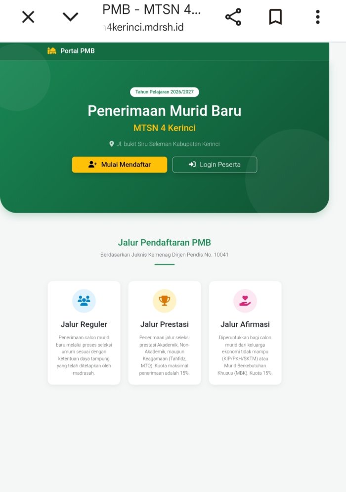 MTsN 4 Kerinci Resmi Buka Penerimaan Siswa Baru TP 2026/2027: Bisa Daftar dari Rumah Melalui Online